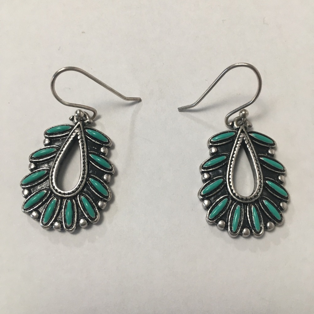 Zuni style faux turquoise with a carved detail teardrop filigree trim
